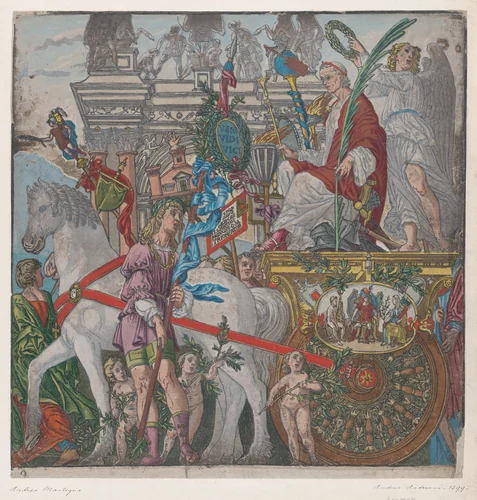 Sheet 9: Julius Caesar in his horse-drawn chariot, from "The Triumph of Julius Caesar" by Andrea Andreani, print, 1599