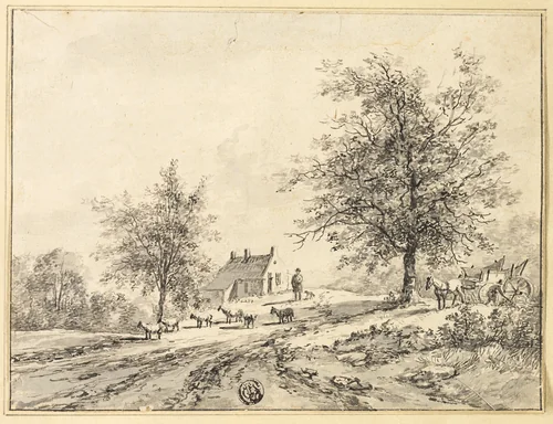 Goatherd, Goats on Road near Carriage and House by Bruno van Straaten, drawing, 1806-1876