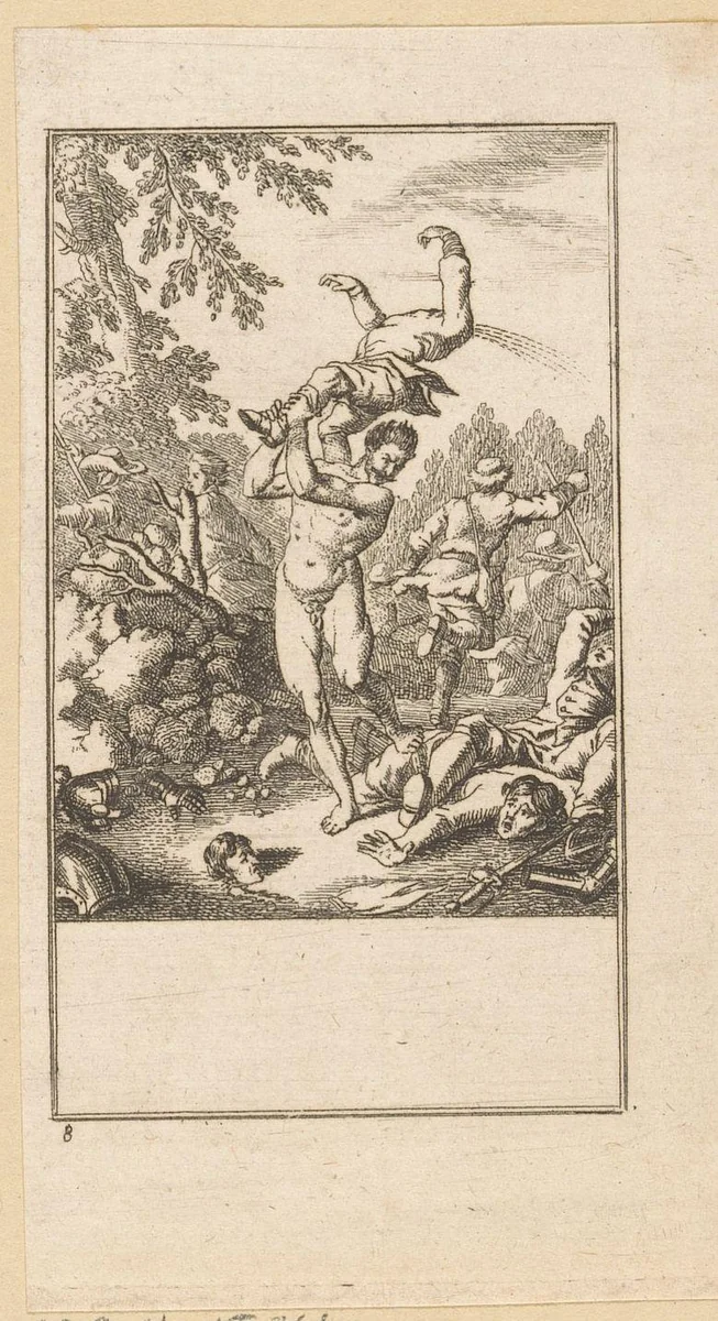 Orlando laat in razernij een spoor van vernieling achter by Louis Wilhelm Chodowiecki, print, 1771-1772