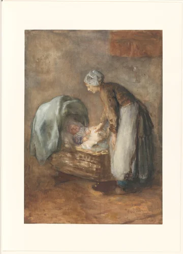Staande vrouw bij een wieg by Albert Neuhuys, drawing, 1854-1914
