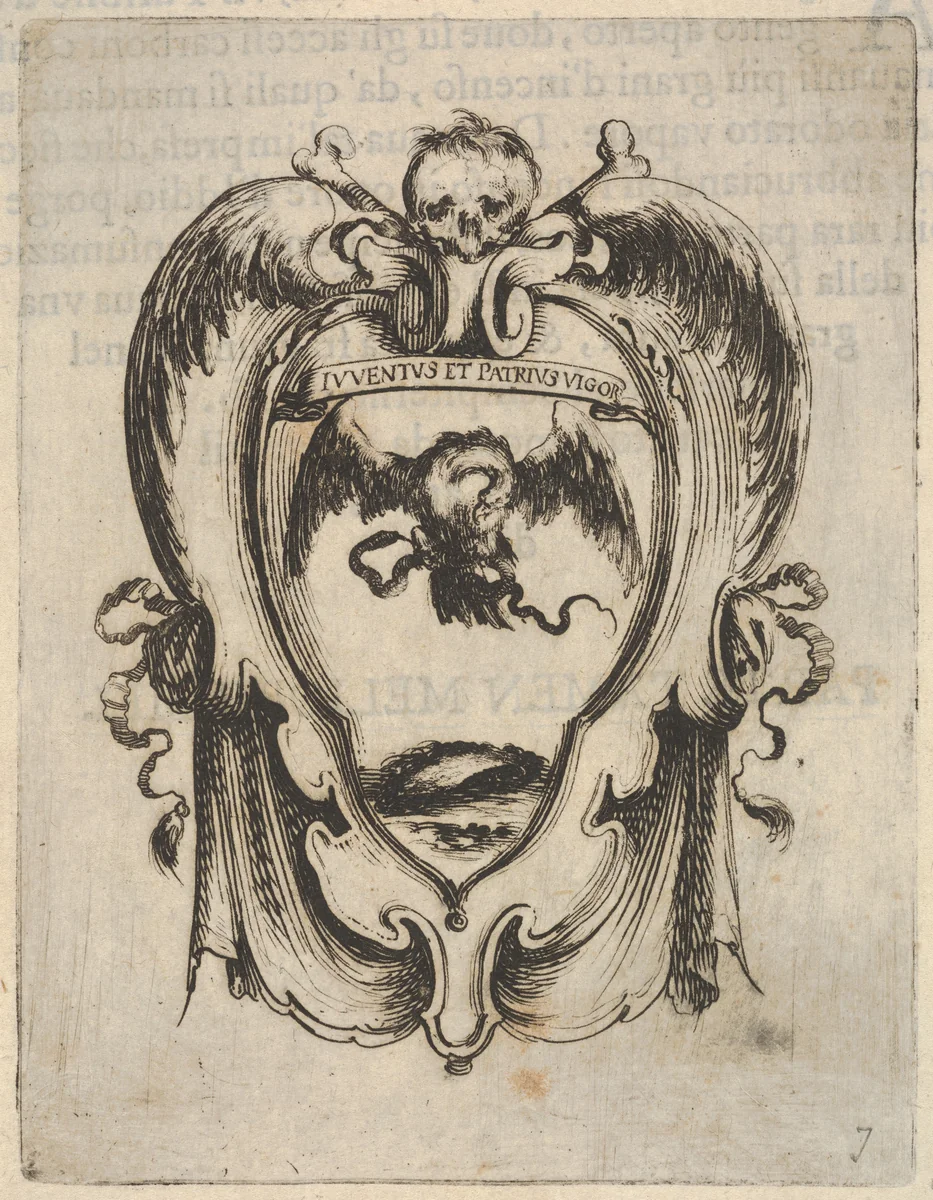 A cartouche with an eagle and a snake, a skull and crossbones at top, wings to either side, from "Eight Emblems for the Funeral of Francesco de Medici" (Huit emblèmes pour les funérailles du prince François de Médicis) by Stefano della Bella, print, 1640-1660