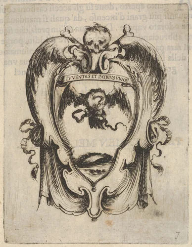 A cartouche with an eagle and a snake, a skull and crossbones at top, wings to either side, from "Eight Emblems for the Funeral of Francesco de Medici" (Huit emblèmes pour les funérailles du prince François de Médicis) by Stefano della Bella, print, 1640-1660