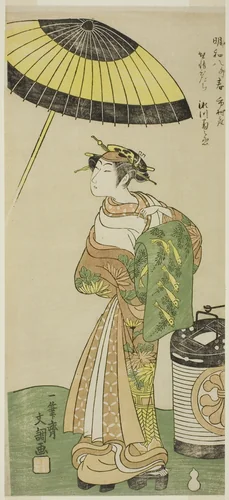 The Actor Segawa Kikunojo II as the Courtesan Hitachi in Part Two of the Play Wada Sakamori Osame no Mitsugumi (Wada's Carousal: The Last Drink With a Set of Three Cups), Performed at the Ichimura Theater from the Ninth Day of the Second Month, 1771 by Ippitsusai Buncho, print, 1766-1776