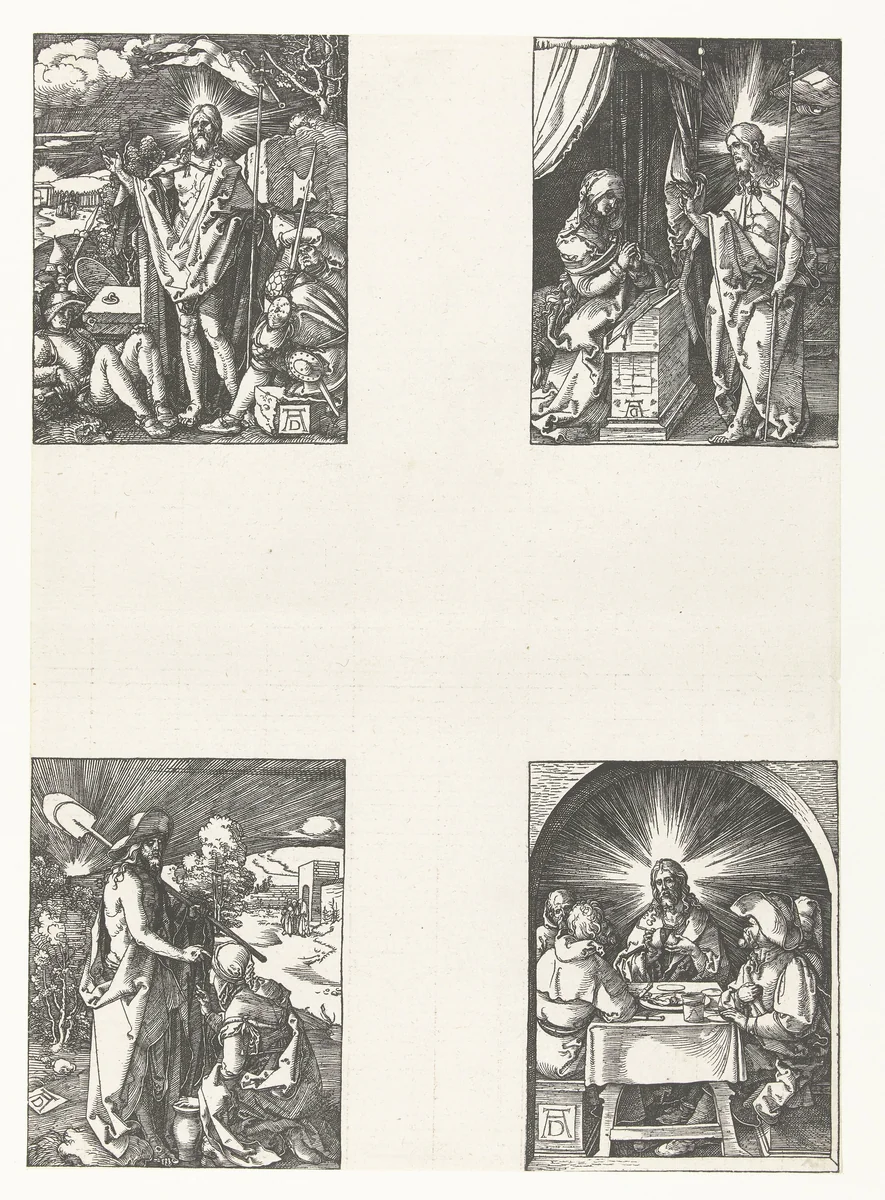 Opstanding, Christus verschijnt aan zijn moeder, Christus verschijnt aan Maria Magdalena, Christus in Emmaüs by Unknown, print, 1510