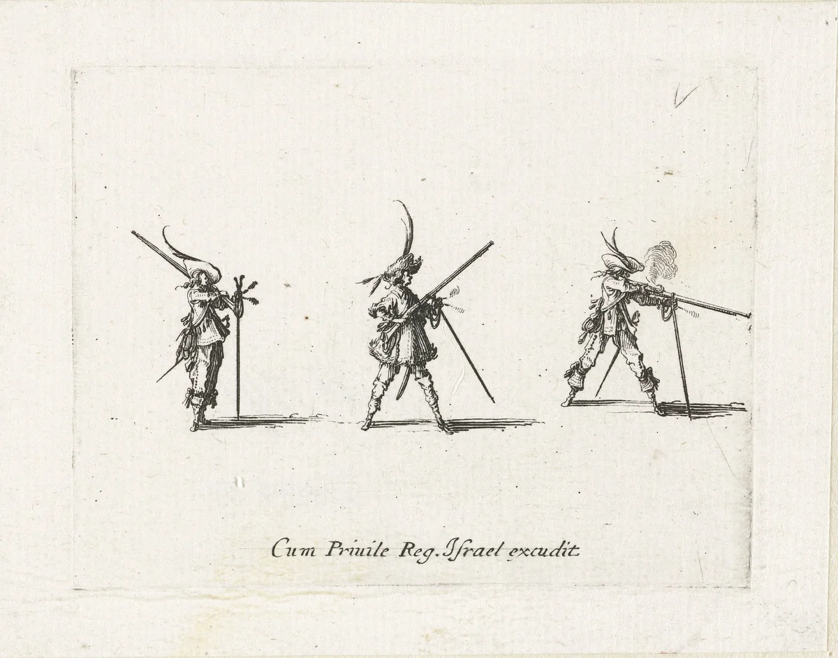 Exercities met een musket: afvuren van een musket by Jacques Callot, print, 1635