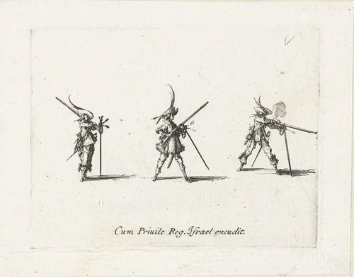Exercities met een musket: afvuren van een musket by Jacques Callot, print, 1635
