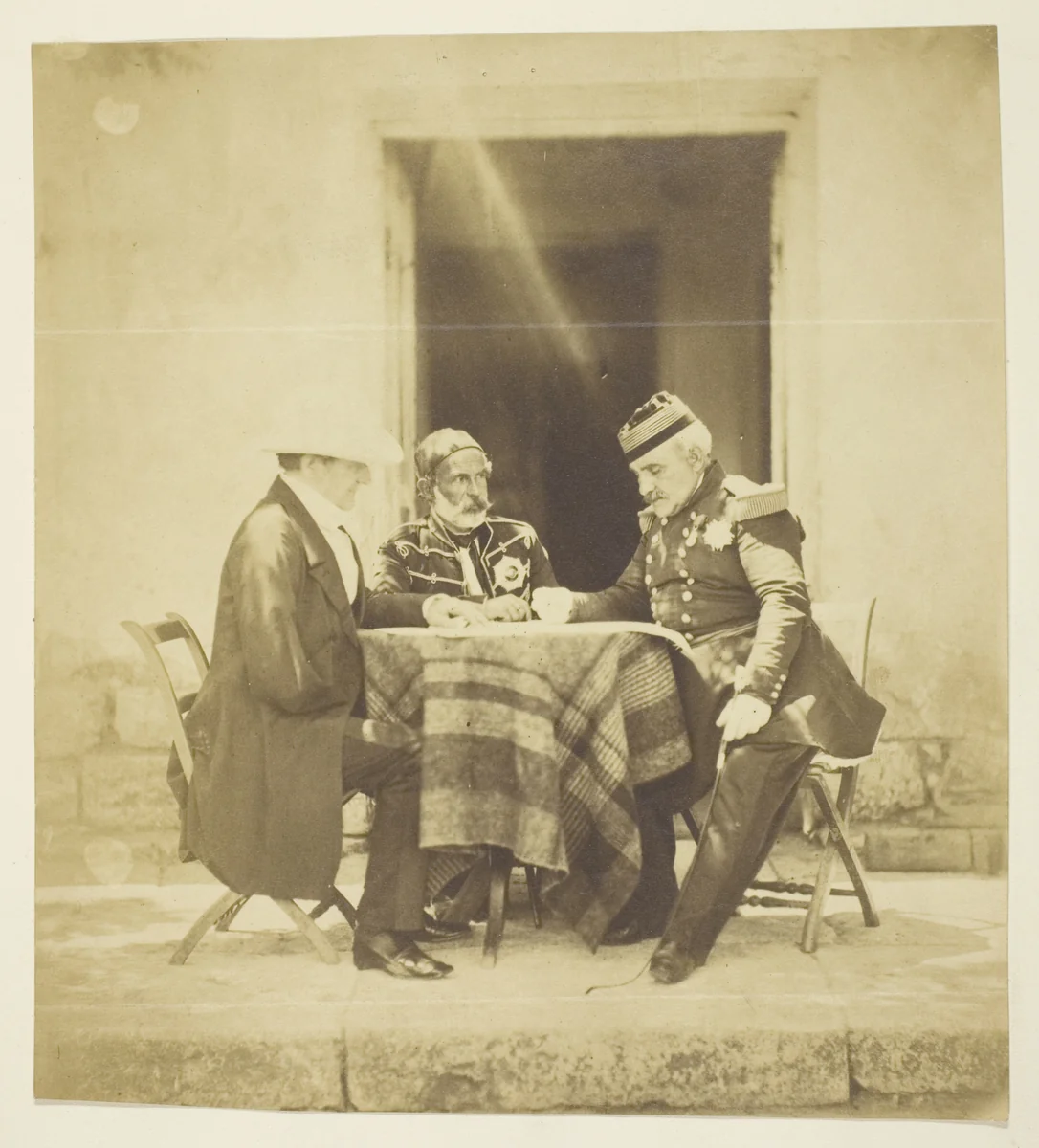 A Council of War: Lord Raglan, Omar Pacha and Pelissier, Taken the eve Before the Taking of the Mankelen, Crimea by Roger Fenton, photograph, 1855