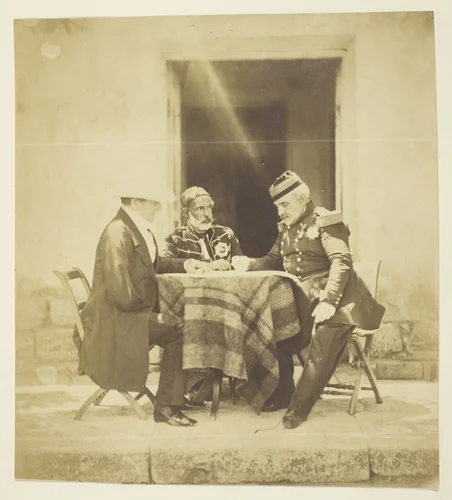 A Council of War: Lord Raglan, Omar Pacha and Pelissier, Taken the eve Before the Taking of the Mankelen, Crimea by Roger Fenton, photograph, 1855