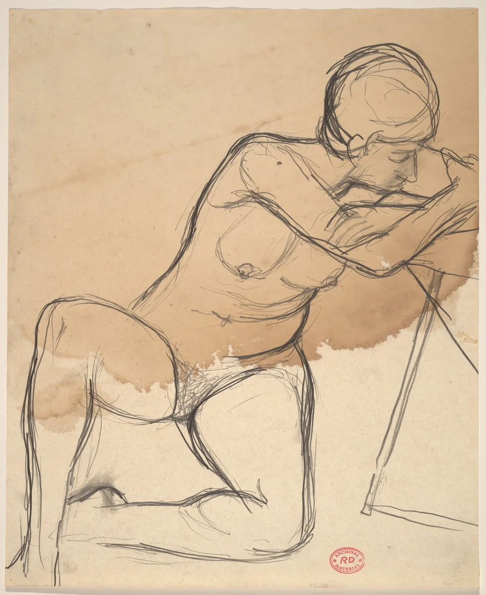 Untitled [female nude seated on floor with arms on a chair seat] by Richard Diebenkorn, drawing, 1955-1967