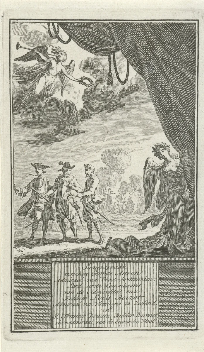 Drie historische figuren voor een zeeslag by Simon Fokke, print, 1722-1784