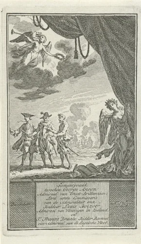 Drie historische figuren voor een zeeslag by Simon Fokke, print, 1722-1784