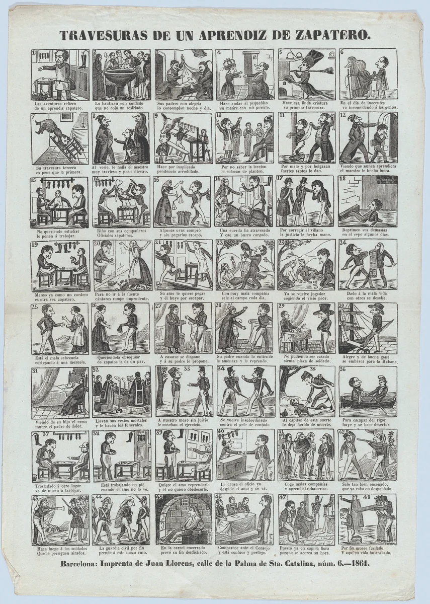 Broadside with 48 scenes depicting the antics of the shoemaker's apprentice by José Noguera, print, 1861