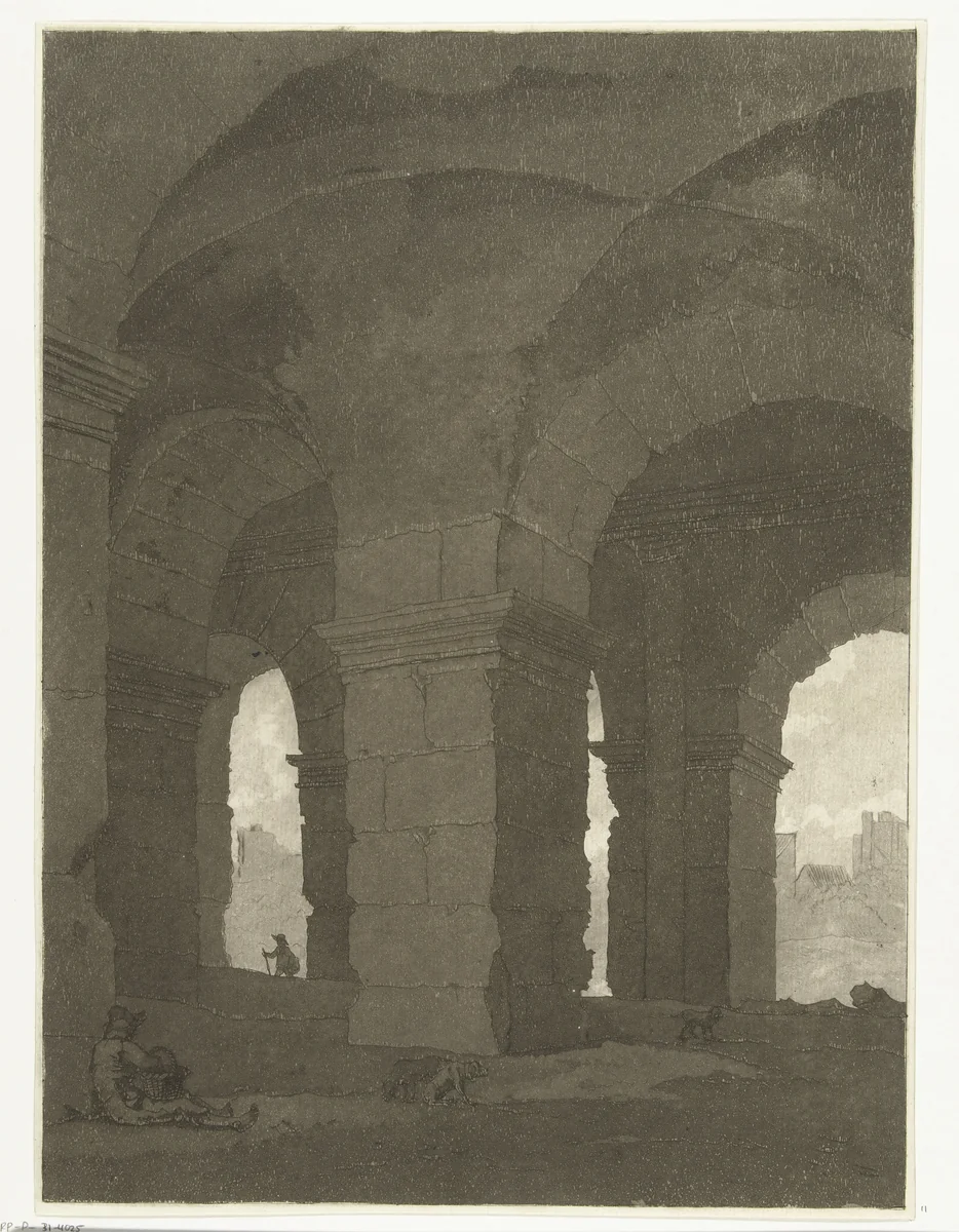 Onder de bogen van het Colosseum by Anthonie van den Bos, print, 1778-1838