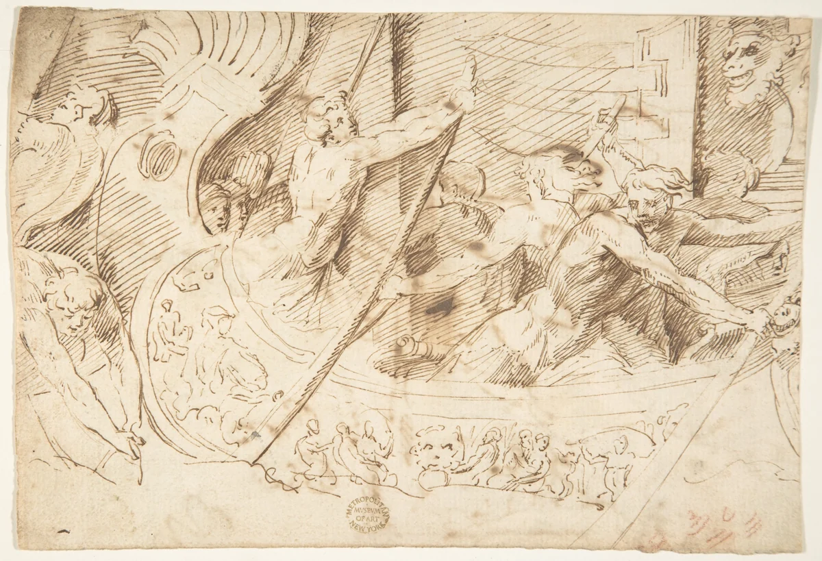 Naval Battle (recto); Forest with Angel (verso) by anonymous, drawing, 1500-1600