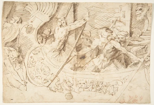 Naval Battle (recto); Forest with Angel (verso) by anonymous, drawing, 1500-1600