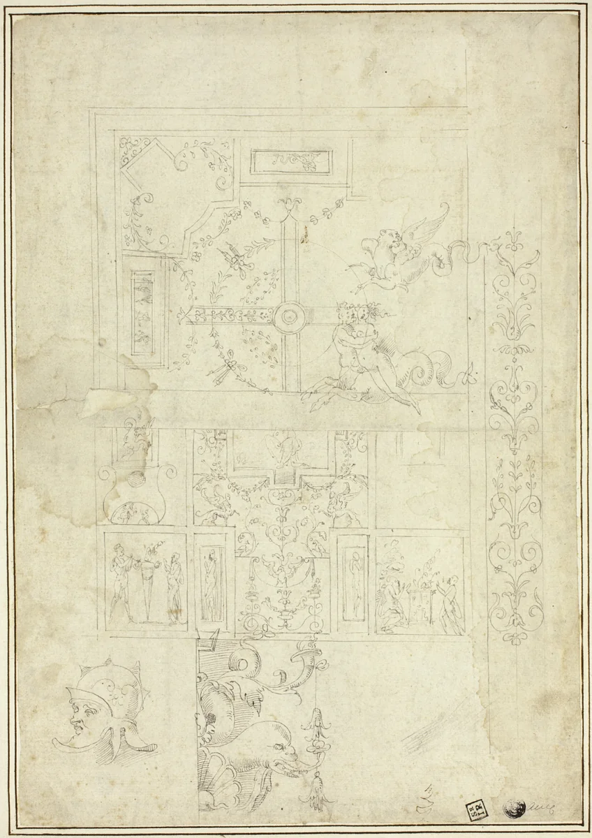 Ceiling Design, with Sketches of Ornamental Border, Helmeted Head (recto); Sketches of Ornamental Details (verso) by Giovanni da Udine, drawing, 1507-1600