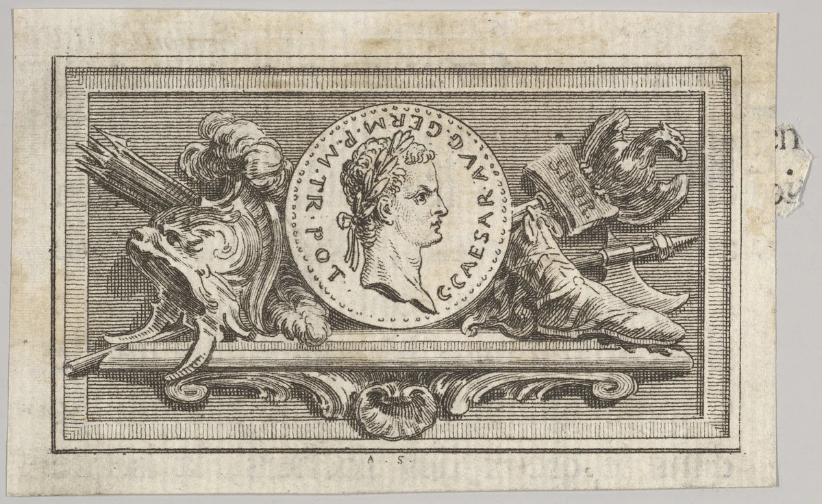Medal with Portrait of Caligula in the 6th Book, from Tibère ou les six premiers livres es Annales de Tacite Traduits par M. l'abbé de la Bléterie Professeur d'Eloquence au Collège Royal et de l'Académie Royale des Inscriptions et Belles-lettres. A Paris de l'Imprimerie Royale by Augustin de Saint-Aubin, print, 1768