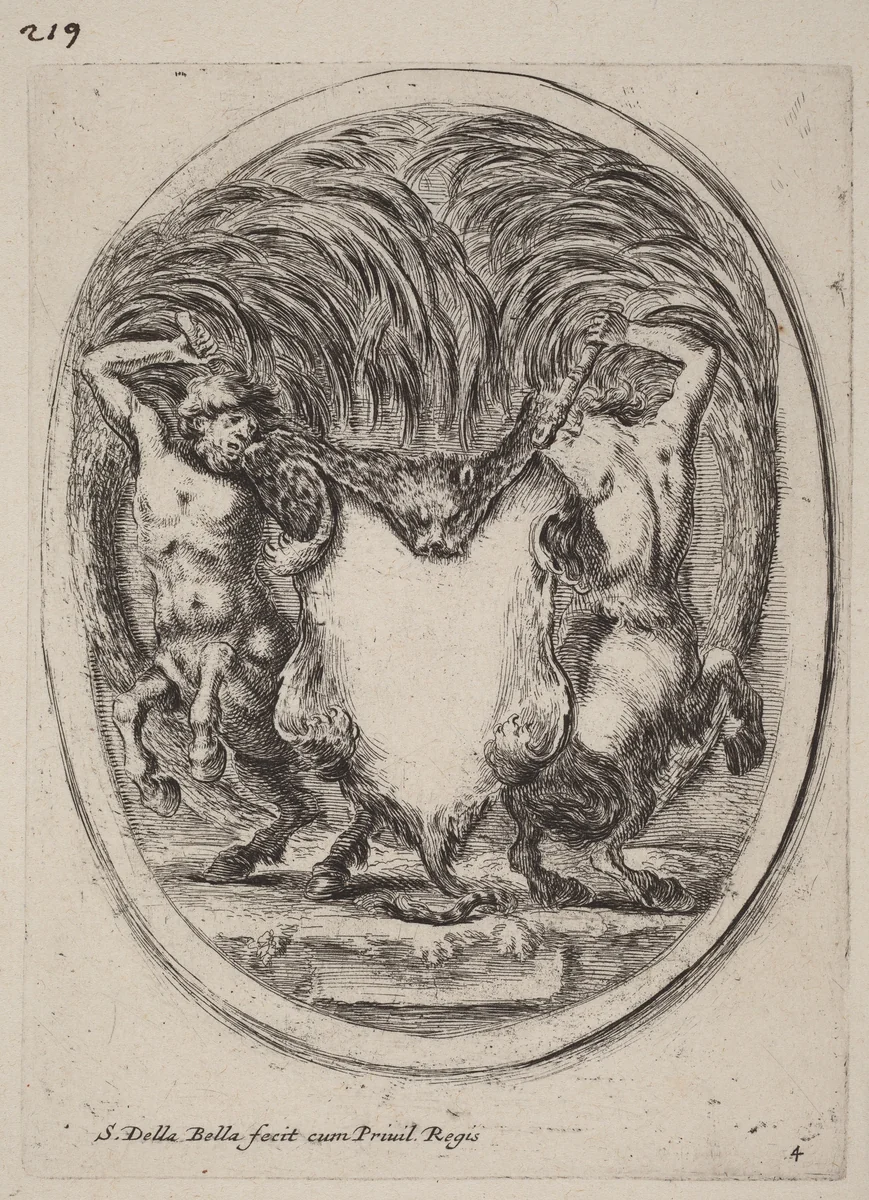 Cartouche in the Form of a Flayed Tiger Supported by Centaurs by Stefano della Bella, print, 1647