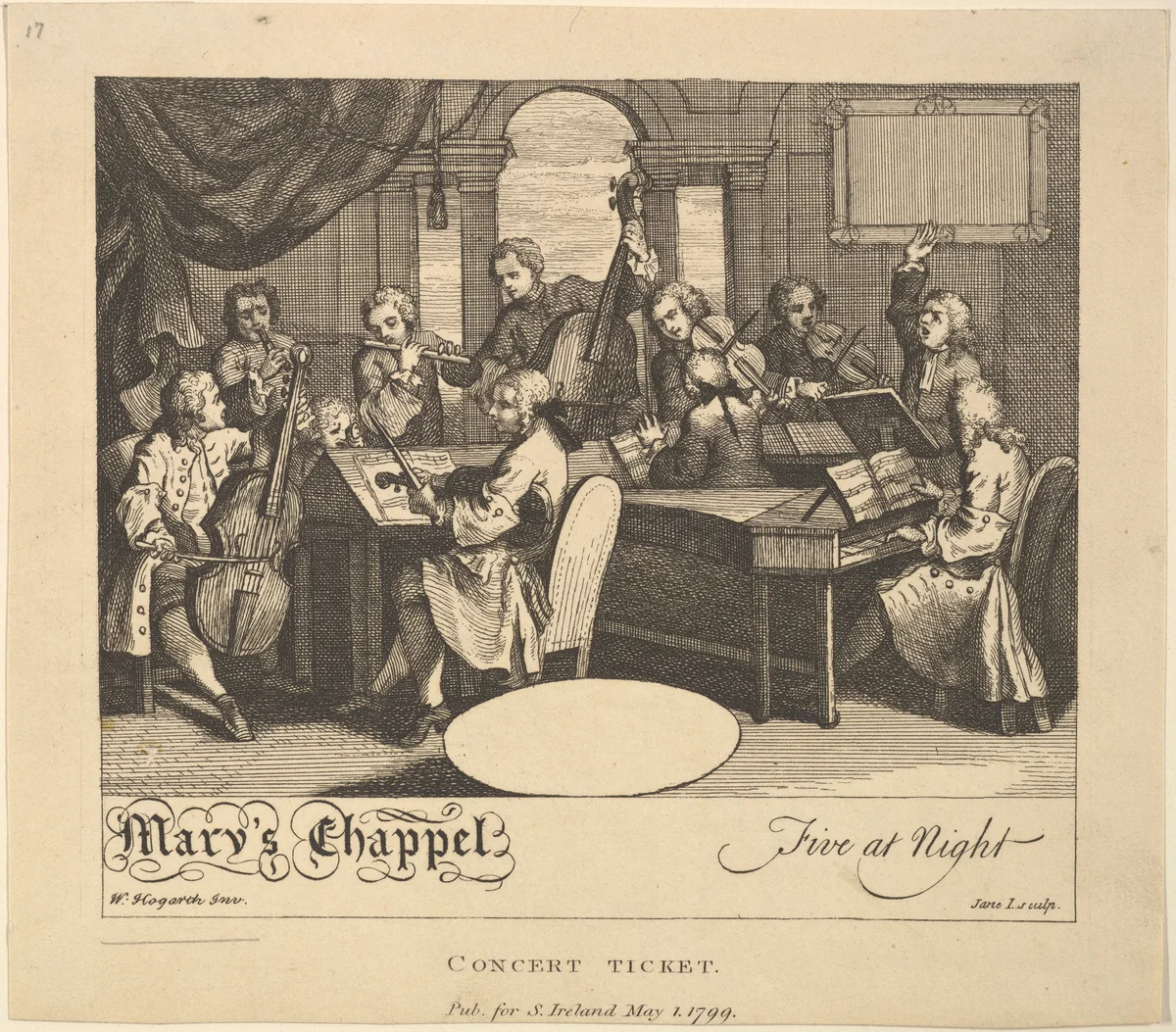 Concert Ticket - Mary's Chappel, Five at Night by Jane Ireland, print, 1799