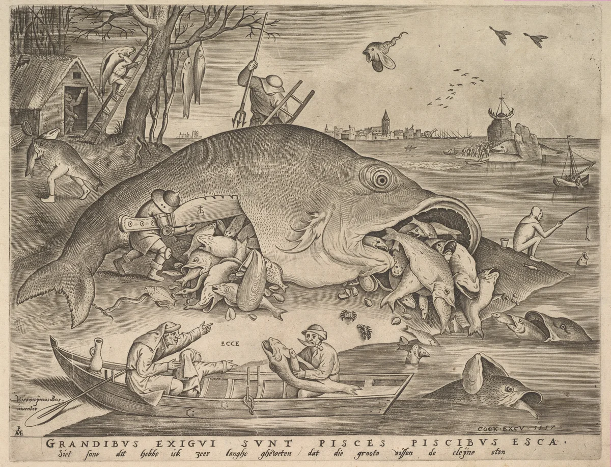 Big Fish Eat Little Fish by Pieter van der Heyden, print, 1557