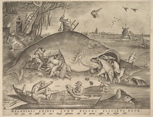 Big Fish Eat Little Fish by Pieter van der Heyden, print, 1557
