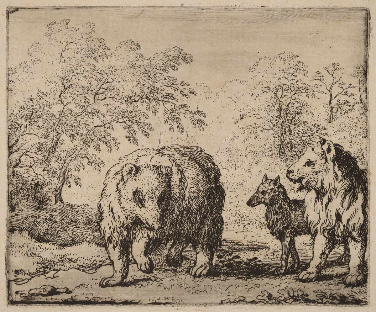 The Lion Frees the Bear and the Wolf by Allart van Everdingen, print, 1645-1656