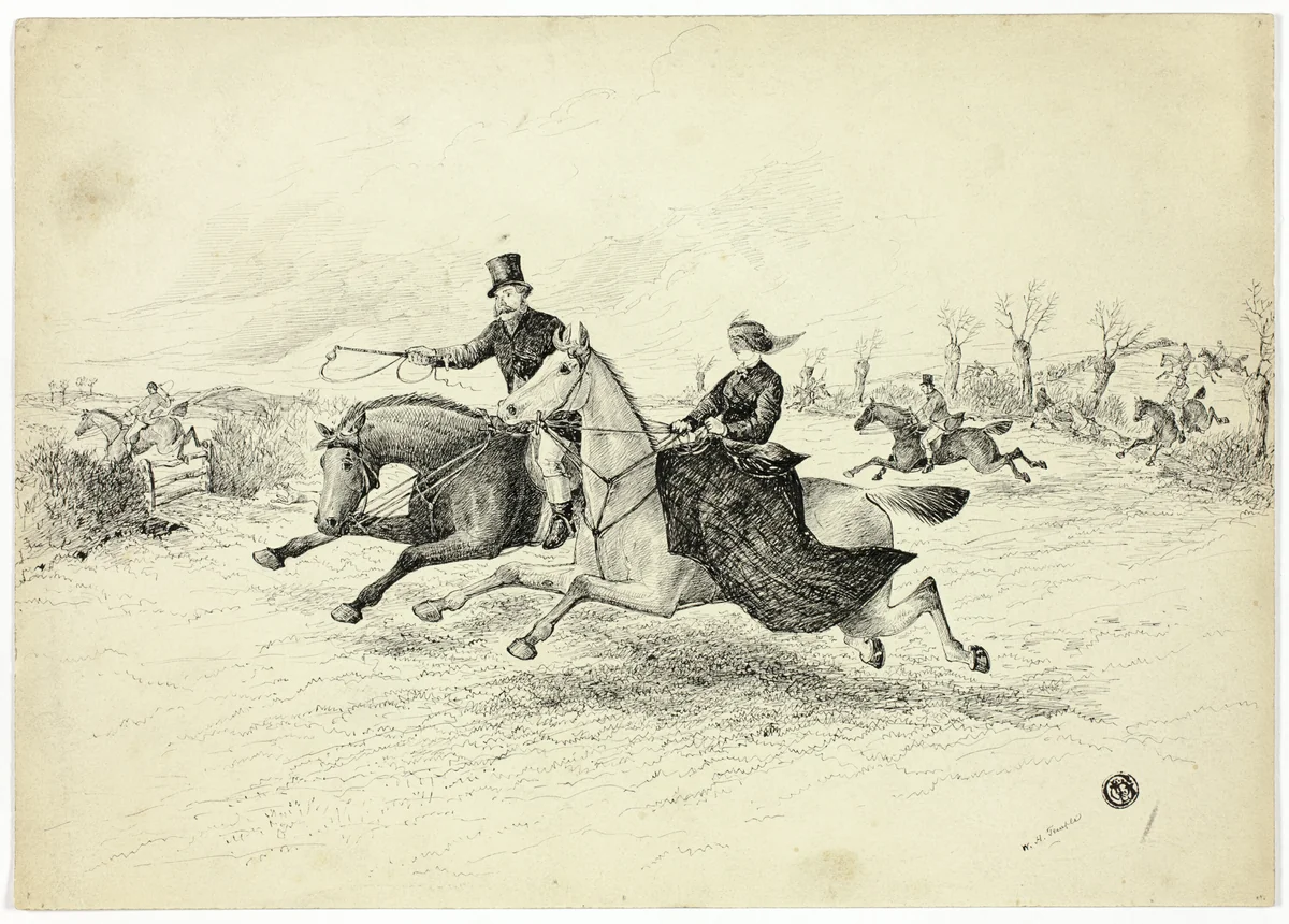 Fox Hunt, Lady and Gentleman Riders by W. H. Temple, drawing, 1865