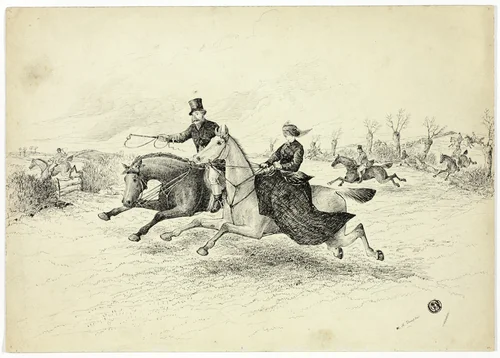 Fox Hunt, Lady and Gentleman Riders by W. H. Temple, drawing, 1865