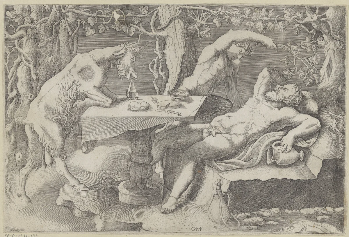 Silenus, een sater en een geit by Unknown, print, 1530-1582
