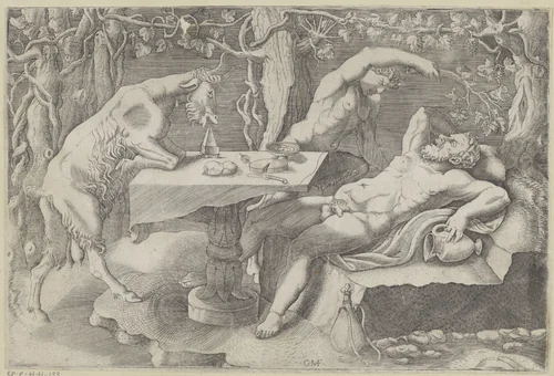 Silenus, een sater en een geit by Unknown, print, 1530-1582