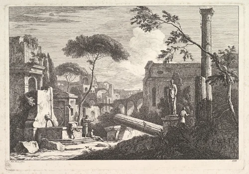 Plate 13: a townscape with a fountain, fallen column and statue at right and a Gothic church beside an aqueduct in the background by Davide Antonio Fossati, print, 1743