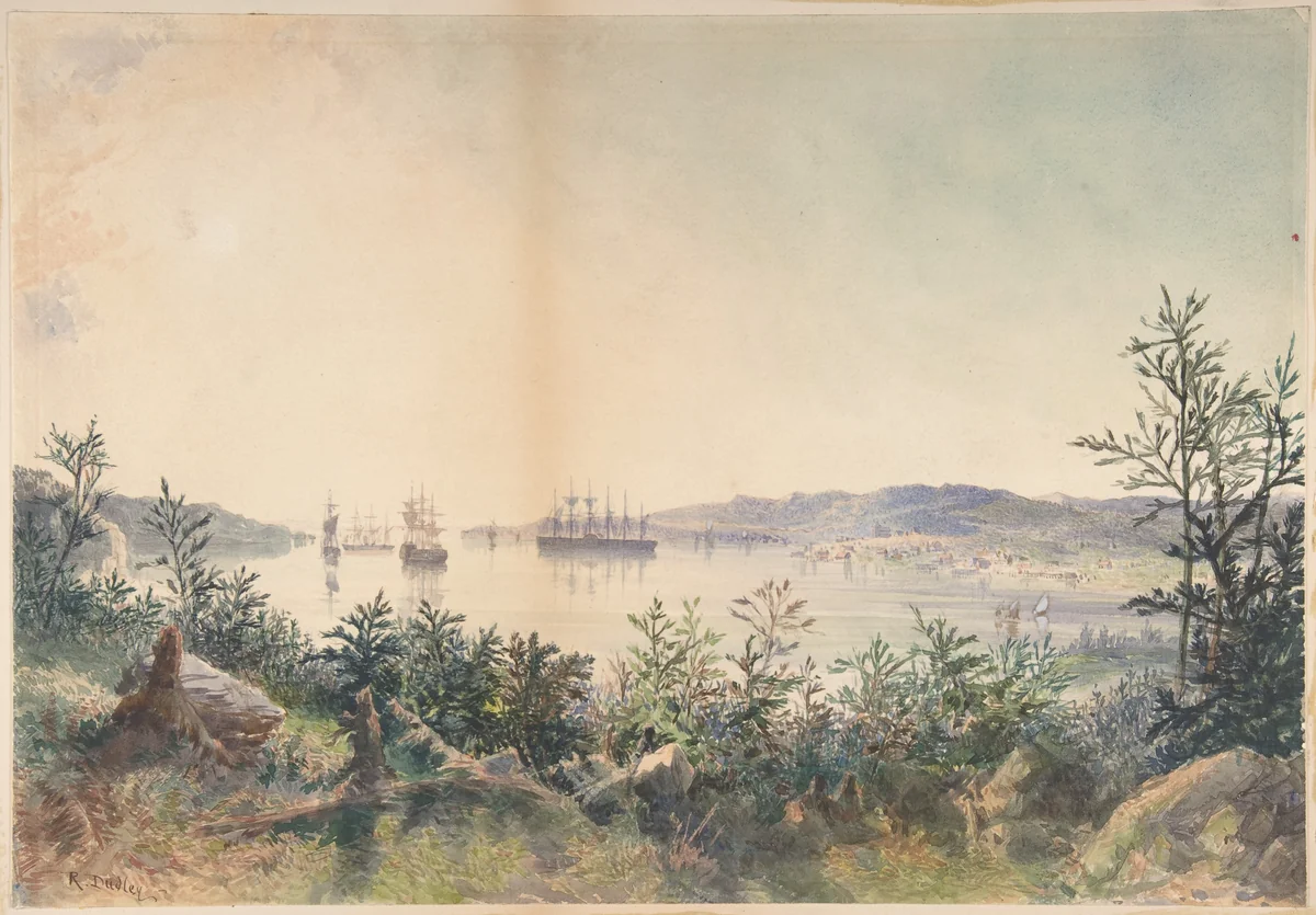 Arrival in Trinity Bay, Newfoundland: The Cable Passed to the Paddle-box Boat of the Terrible, etc. by Robert Charles Dudley, drawing, 1866