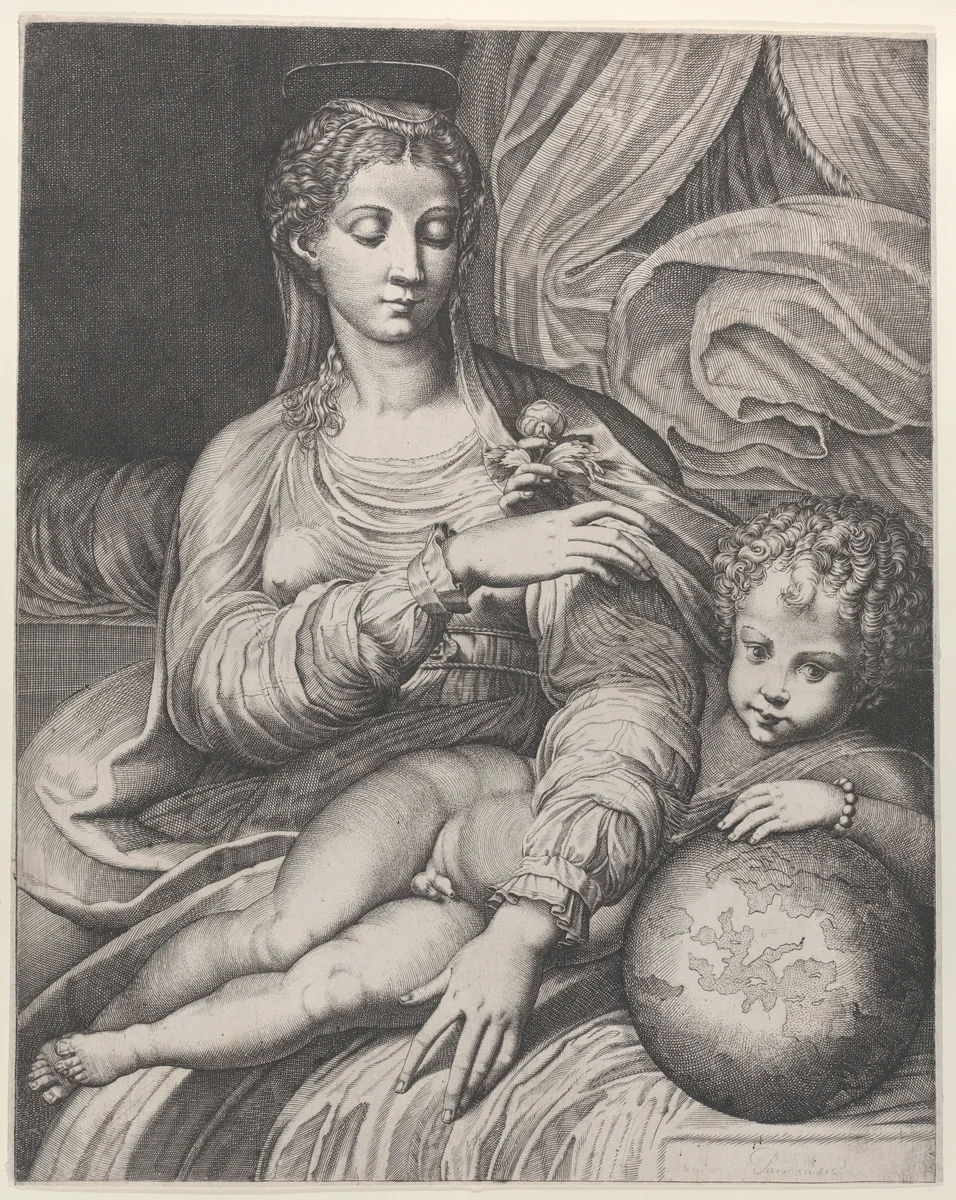 Madonna of the Rose, she reaches for a rose held by the Christ child, who rests his left arm on a globe by Domenico Tibaldi, print, 1560-1575