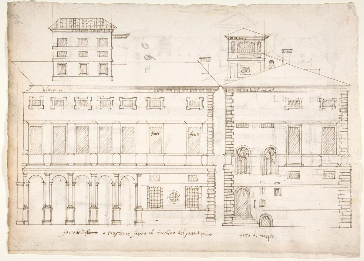 Palazzo Salviati-Adimari elevations (recto) Villa Farnesina stables, plan and section; drawing of a screw (verso) by anonymous, drawing, 1500-1560