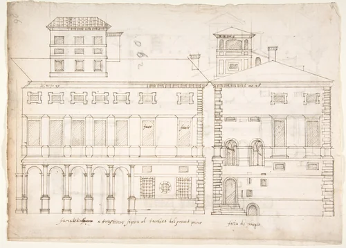 Palazzo Salviati-Adimari elevations (recto) Villa Farnesina stables, plan and section; drawing of a screw (verso) by anonymous, drawing, 1500-1560