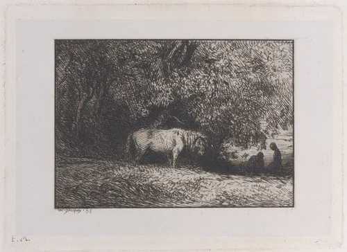 Horse Under a Tree Branch by Charles Jacque, print, 1846