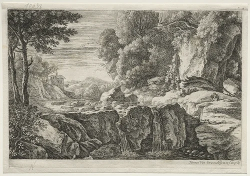 Four Landscapes: The Little Waterfall by Herman van Swanevelt, print, 1620-1655