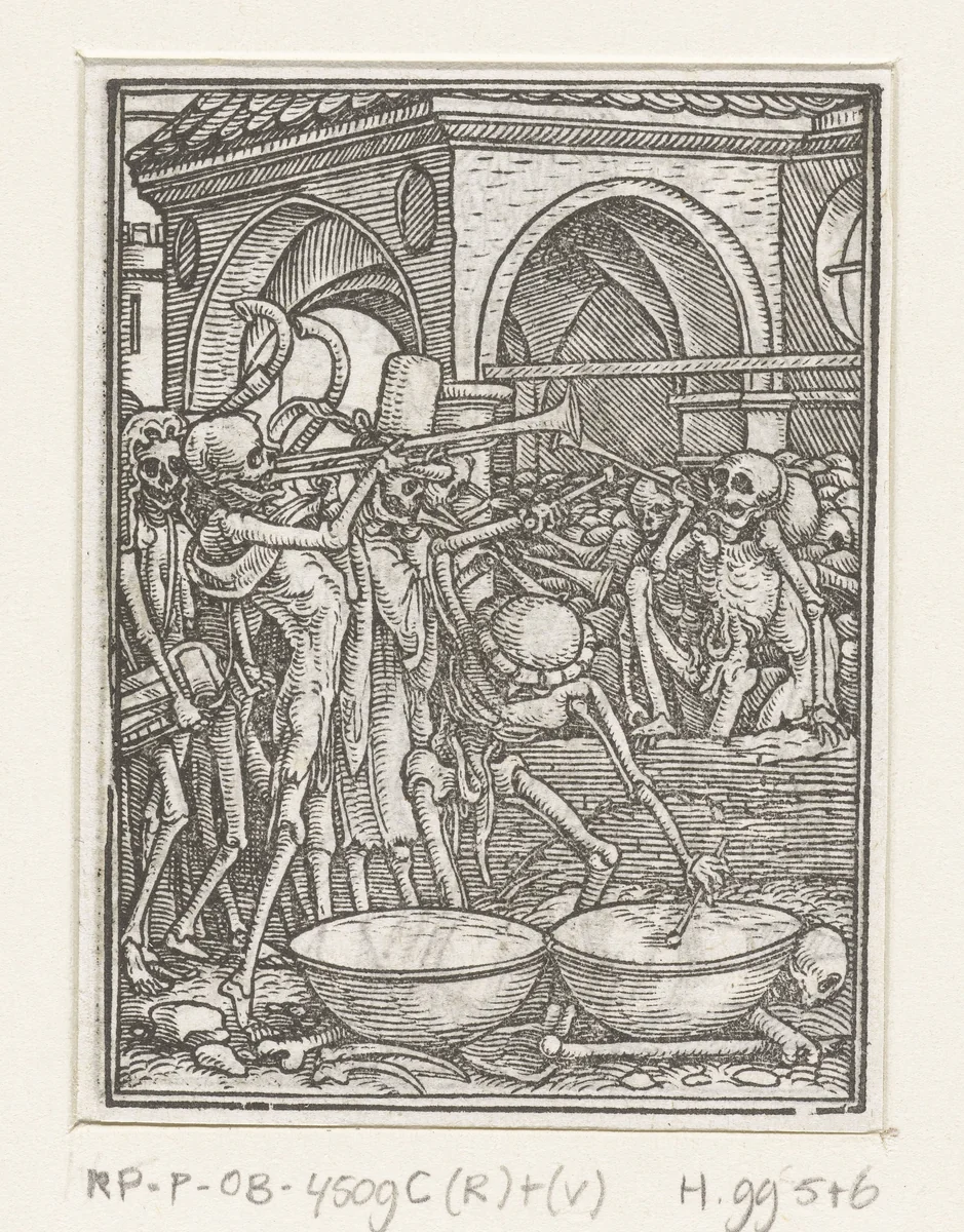 Musicerende skeletten uit Dodendans by Hans Holbein, print, 1524-1526