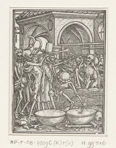 Musicerende skeletten uit Dodendans by Hans Holbein, print, 1524-1526