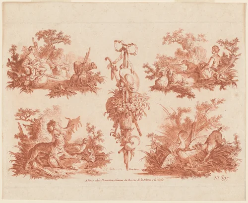 Two Pastoral Vignettes, Two Hunting Vignettes, and a Trophy by Jean-Baptiste Hüet; Gilles Demarteau the Elder, print, 1745-1811