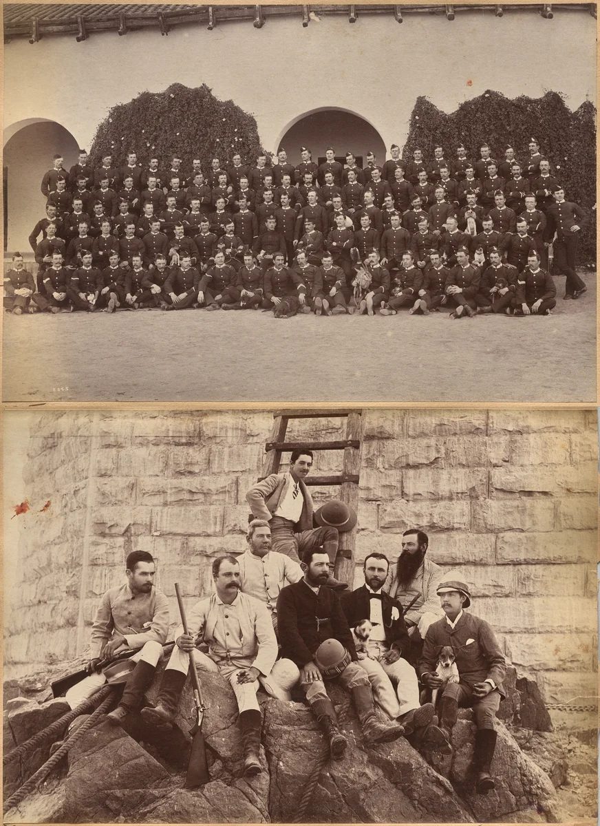 B. c/o Devonshire Regiment, Jhansi (recto); Staff of Messrs. Glover & Co., Sindh Bridge (verso) by Raja Deen Dayal, photograph, 1877-1892