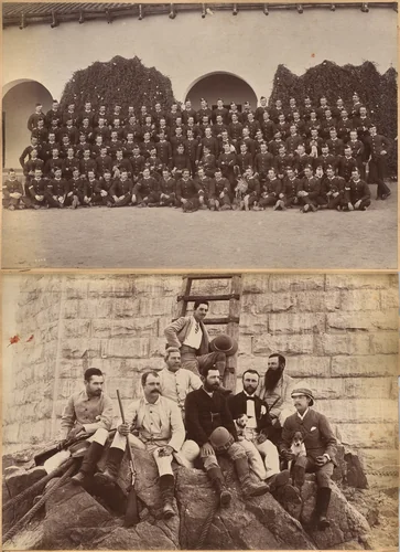 B. c/o Devonshire Regiment, Jhansi (recto); Staff of Messrs. Glover & Co., Sindh Bridge (verso) by Raja Deen Dayal, photograph, 1877-1892