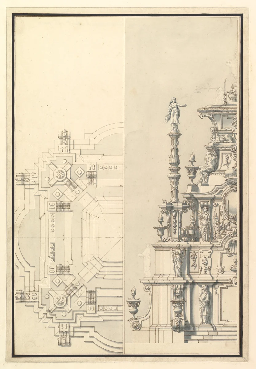 Half Elevation and Half Plan for a Catafalque for Maximilian, Elector of Bavaria, probably Maximilian II Emanuel (1662–1726) by Giuseppe Galli Bibiena, drawing, 1696-1756