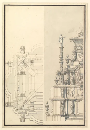 Half Elevation and Half Plan for a Catafalque for Maximilian, Elector of Bavaria, probably Maximilian II Emanuel (1662–1726) by Giuseppe Galli Bibiena, drawing, 1696-1756