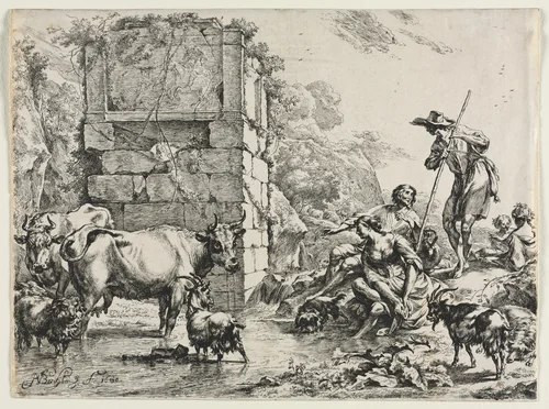 The Cow Drinking by Nicolaes Berchem, print, 1675-1685