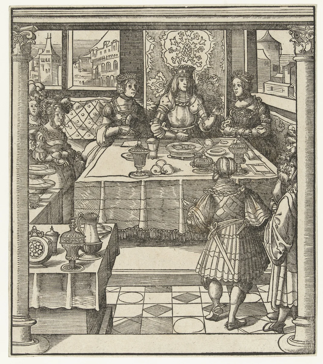 Maximiliaan zit aan tafel met twee vrouwen en ontvangt boodschapper by Leonhard Beck, print, 1512-1516