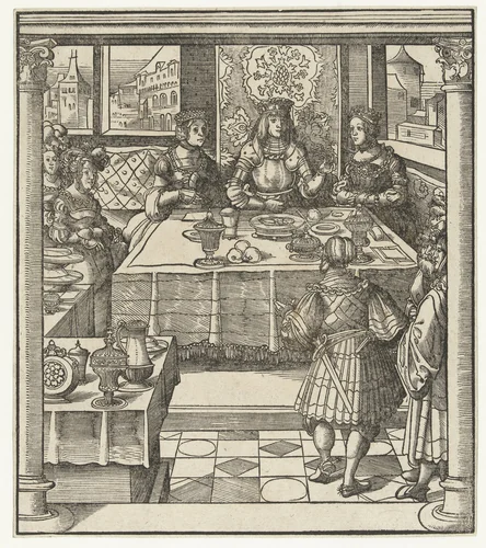 Maximiliaan zit aan tafel met twee vrouwen en ontvangt boodschapper by Leonhard Beck, print, 1512-1516