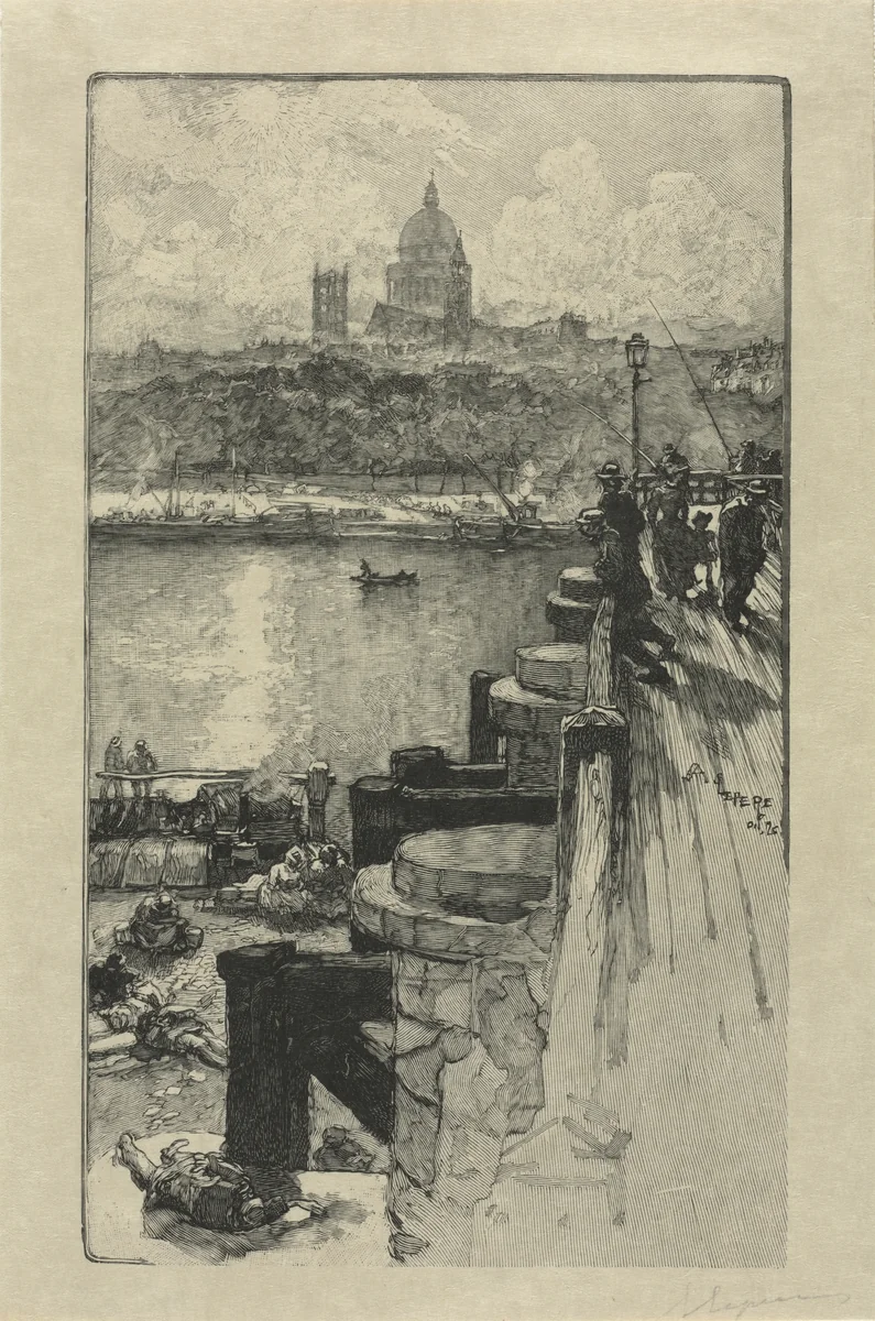 Fishermen on a Pier, Paris by Auguste Louis Lepère, print, 1870-1918
