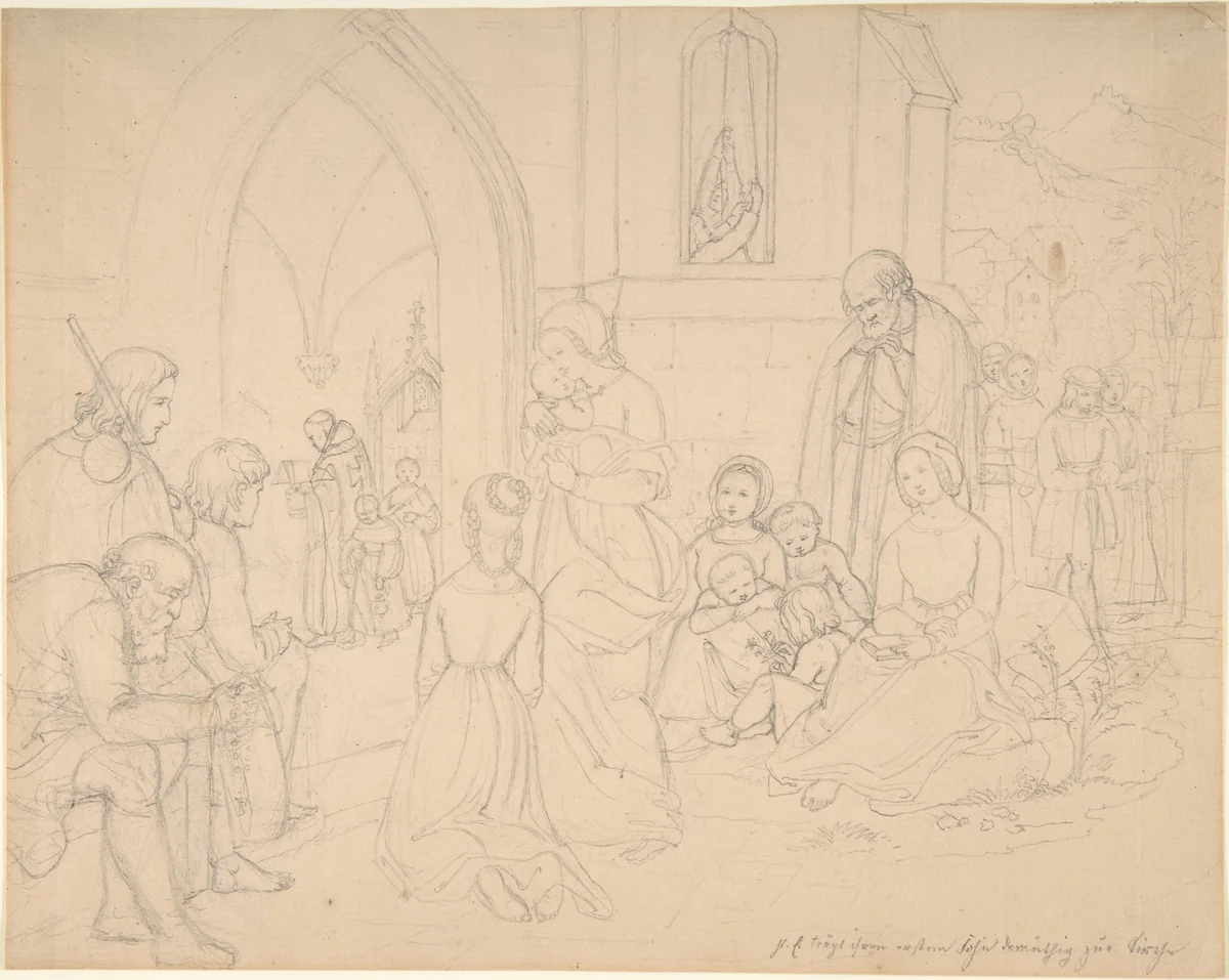 Saint Elizabeth Carrying Her First-born Son to the Church by Ludwig Emil Grimm, drawing, 1845-1855