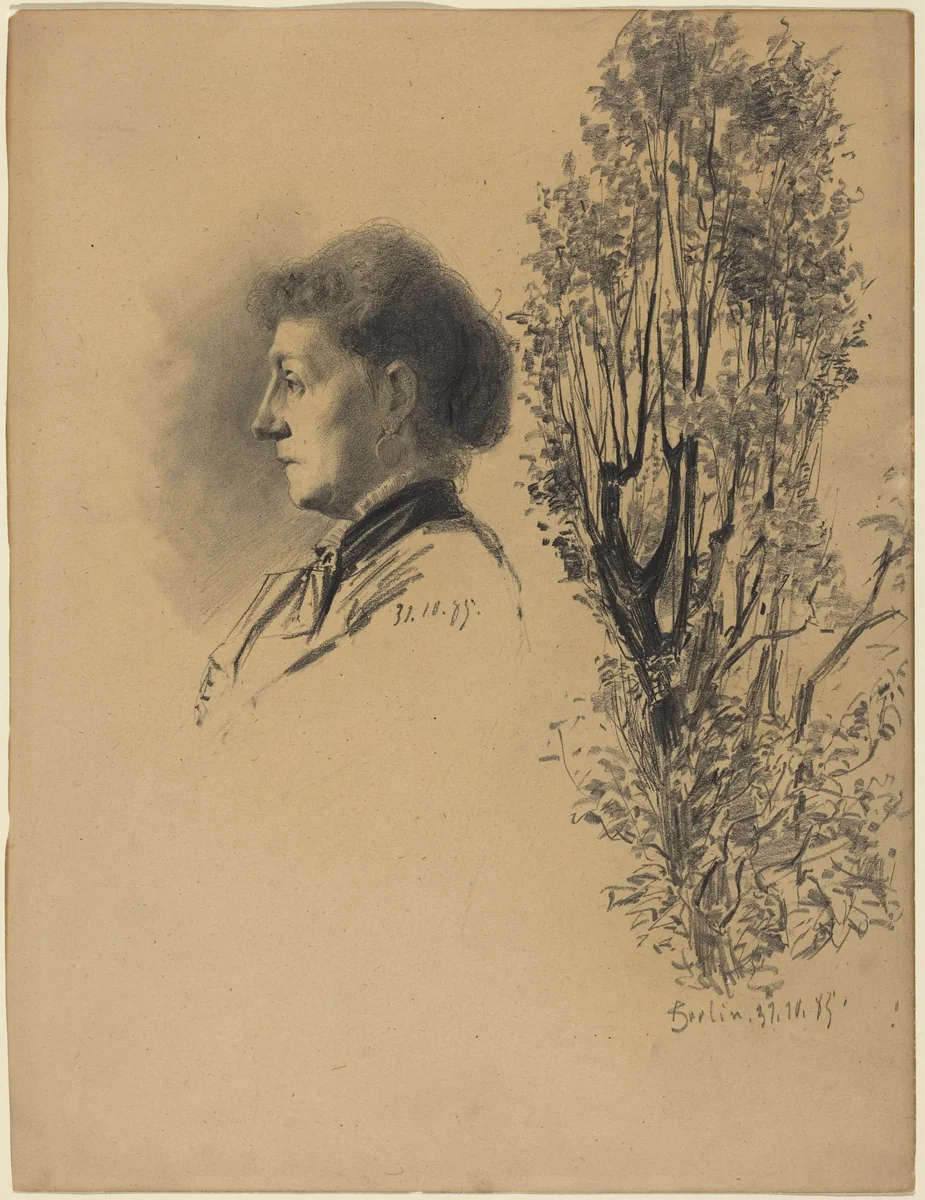 A Woman in Profile and a Pollard Tree in Bloom by Melchior Lechter, drawing, 1885